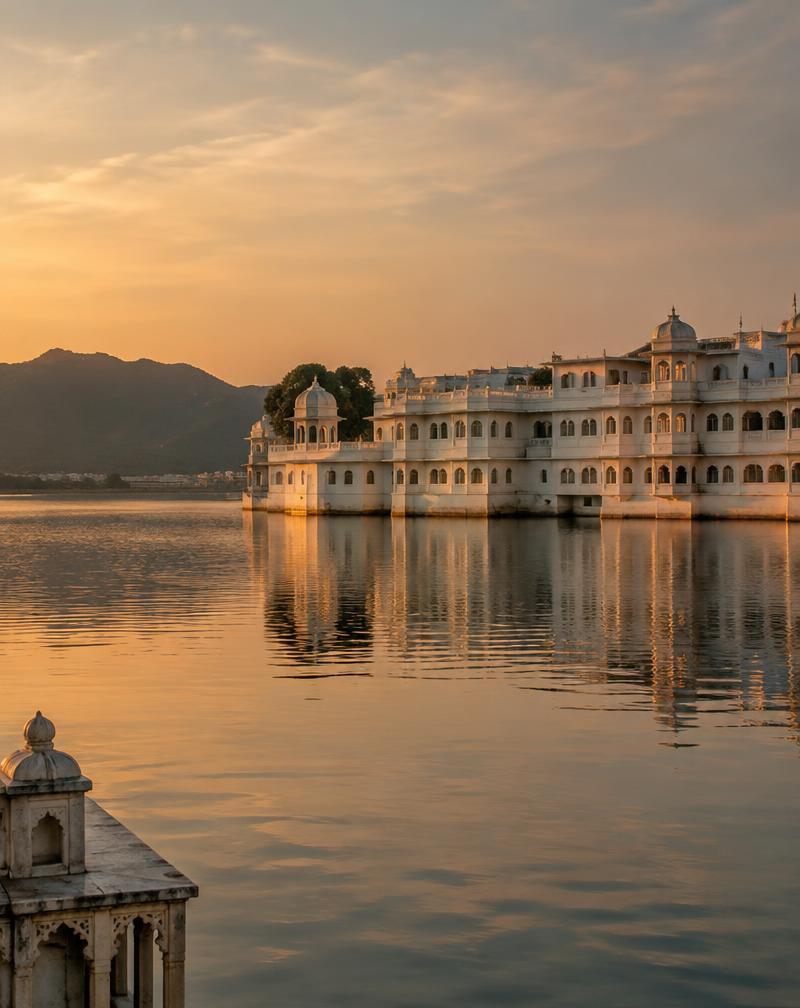 A lakeside palace in Udaipur at dusk