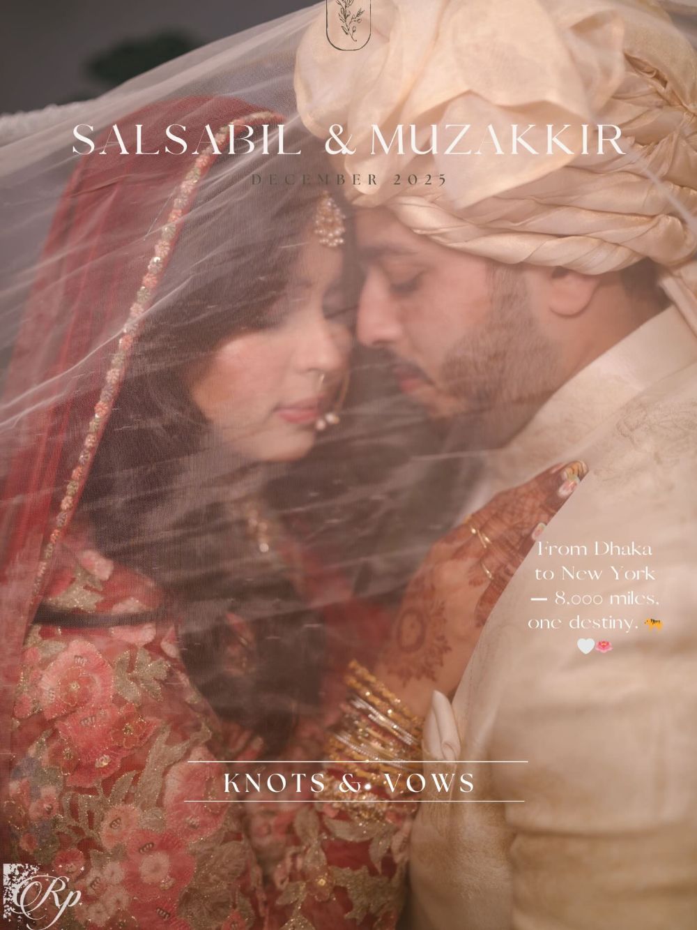 Salsabil and her husband close together under a sheer veil