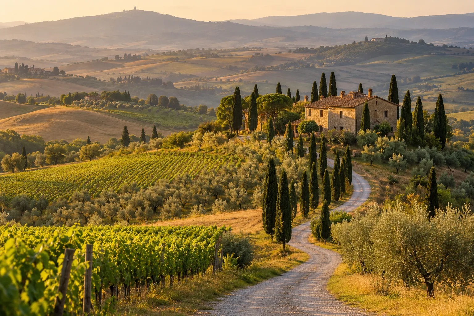 Rolling Tuscan hills with a cypress-lined road and a farmhouse